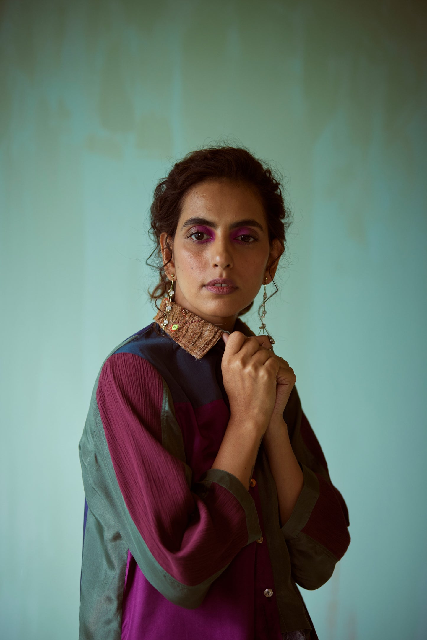 Teal Hand Embellished Asymmetric Shirt