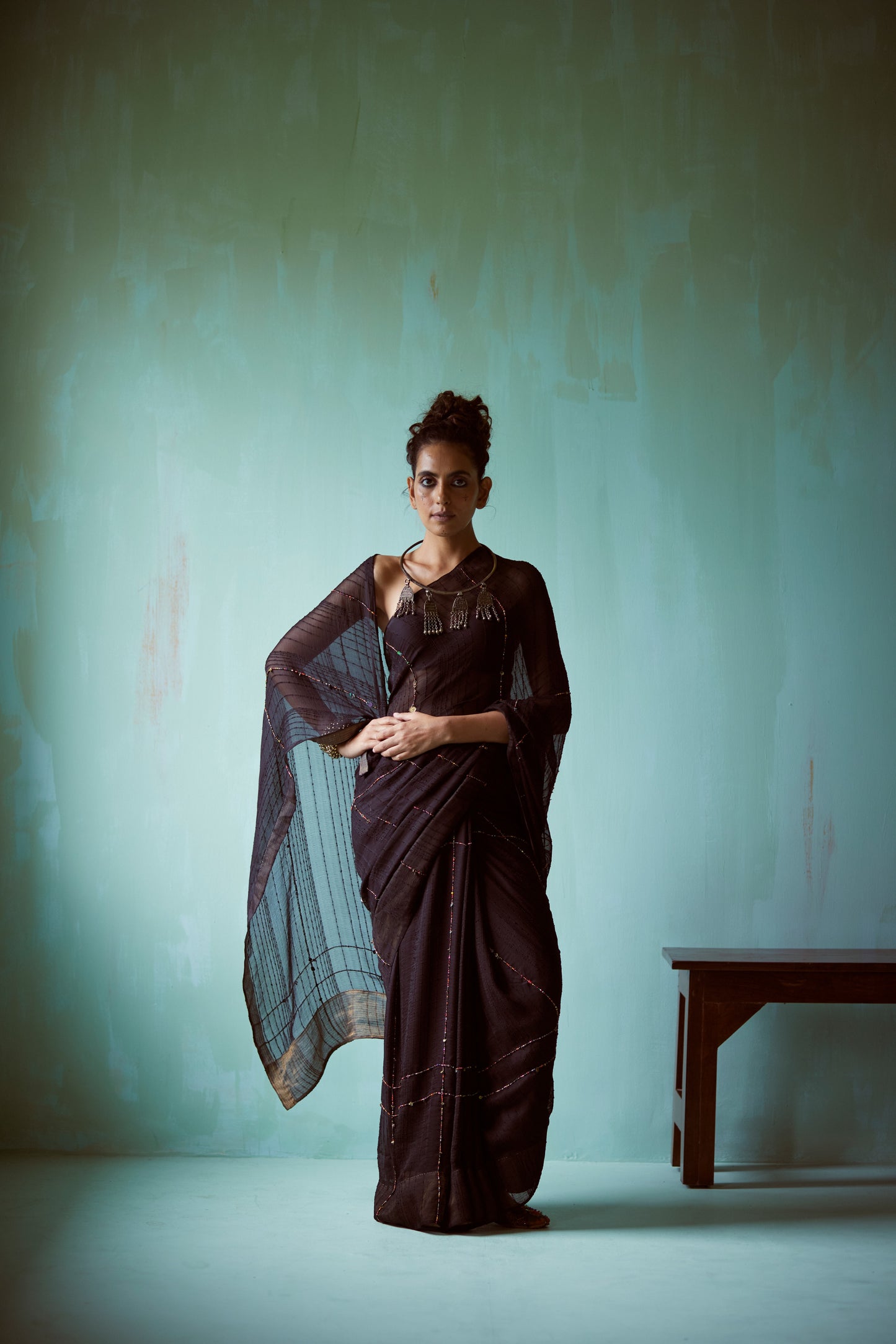 Black Hand Embellished Saree & Jacket Set