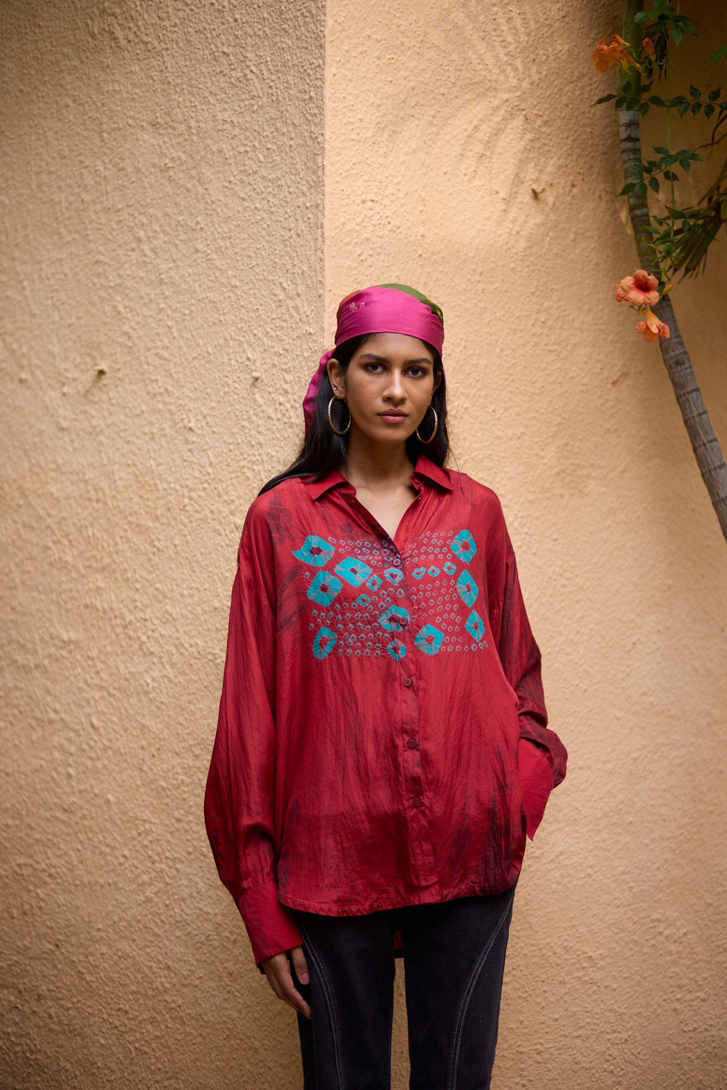 Red Pure Silk Placement Bandhani Motif Shirt