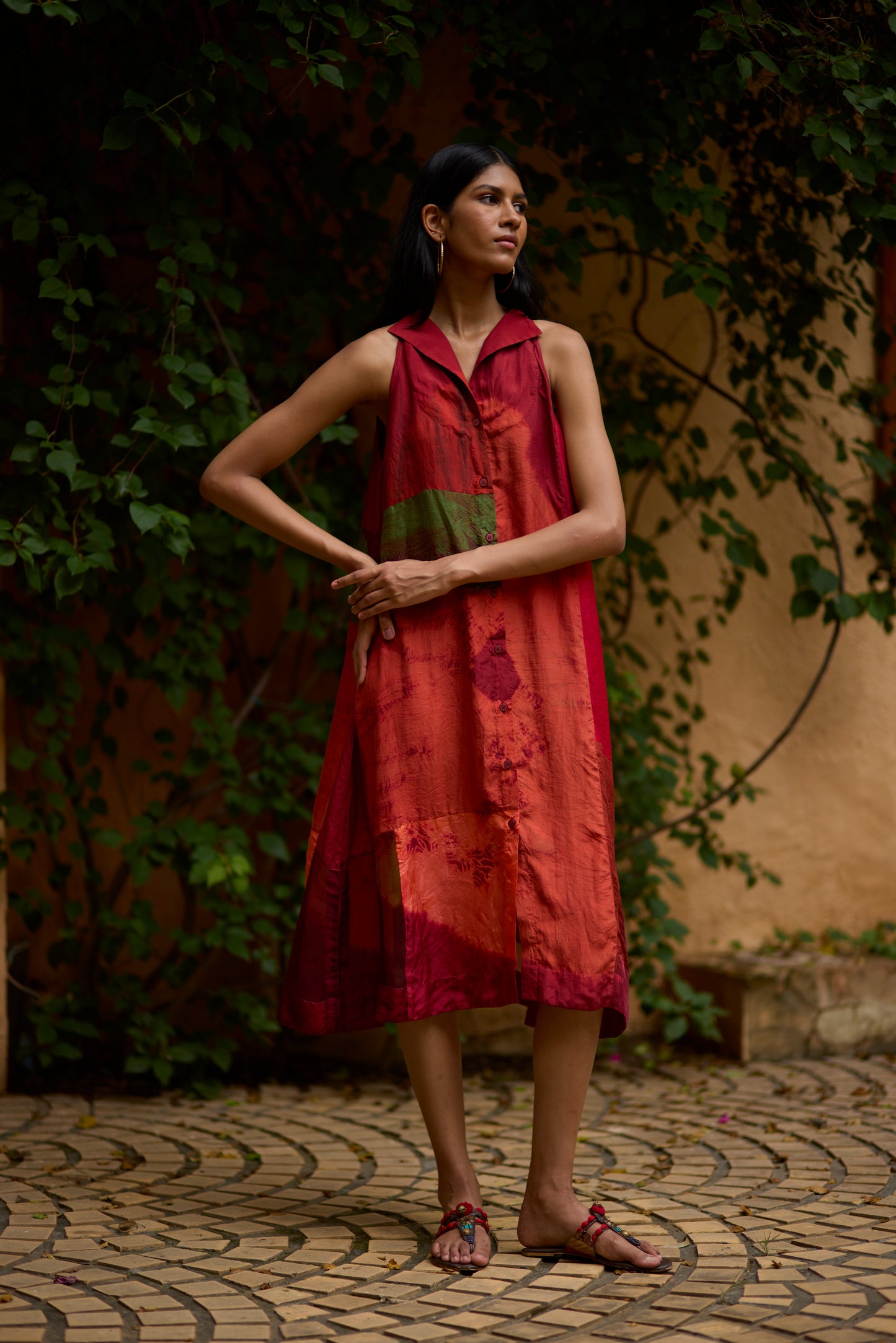 Multicolor Pure Silk Halter-Neck Patchwork Dress