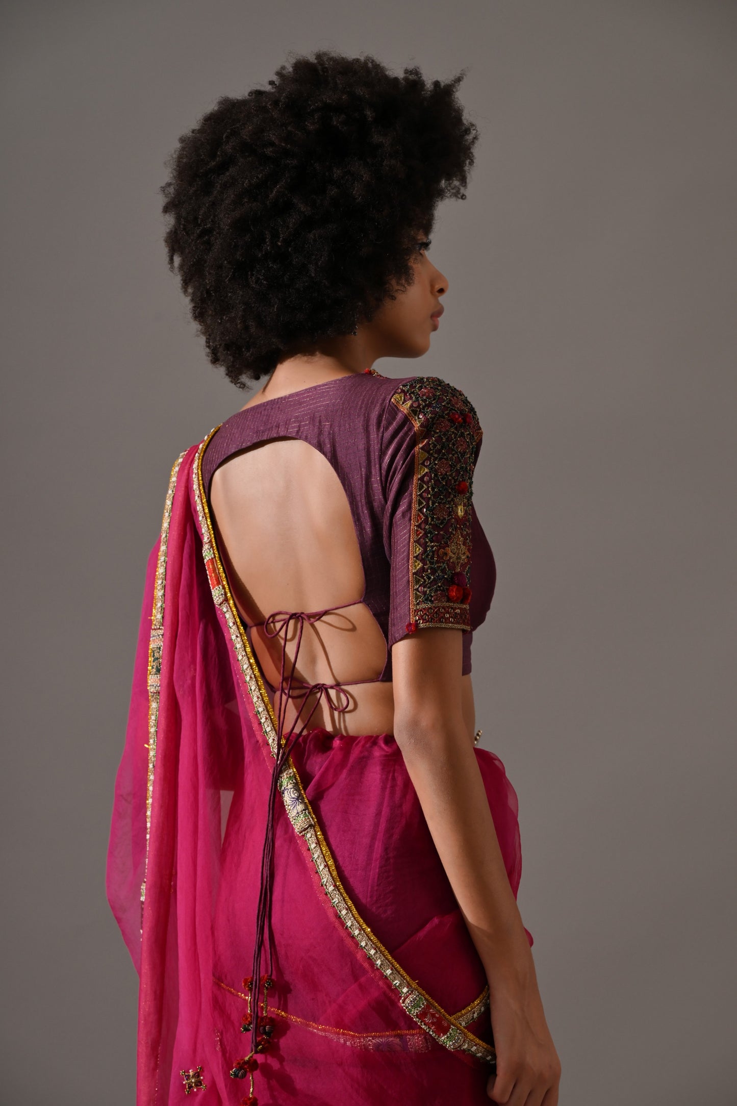 Purple Pink Hand Embroidered Saree Set