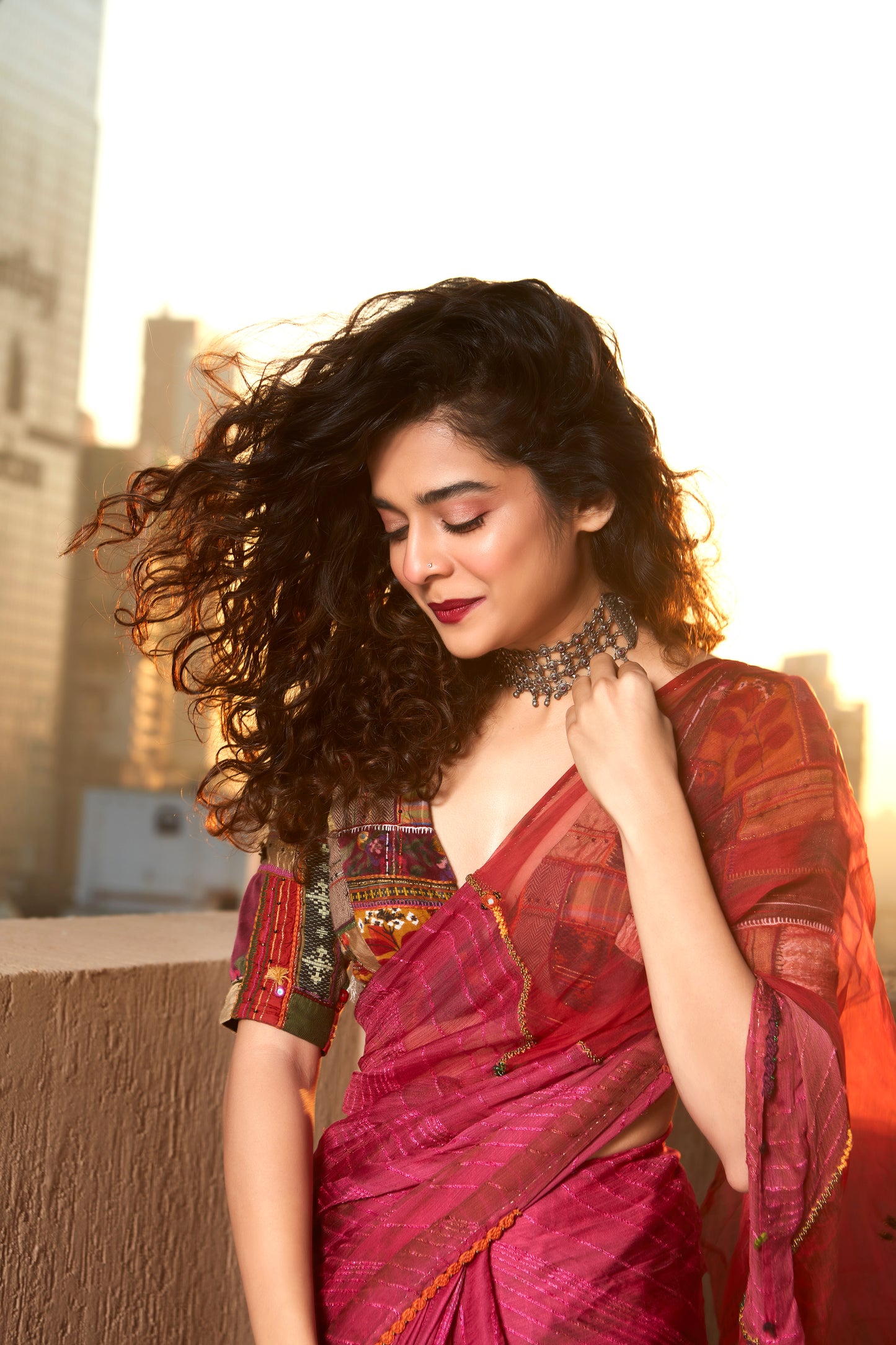 Pink Textured Hand Work Saree Set