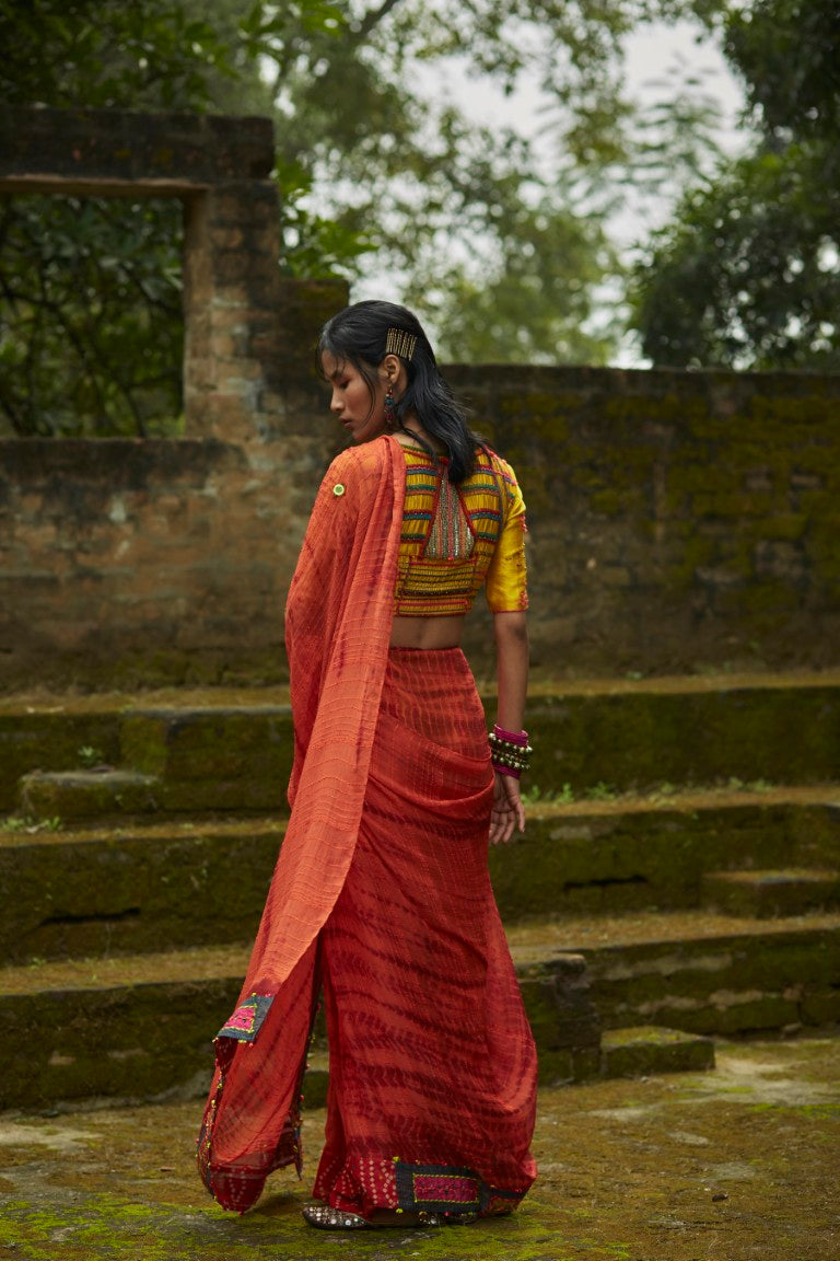 Silk Chiffon Orange Tie & Dye Saree Set