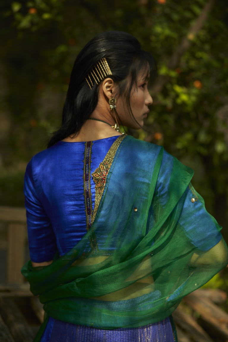 Peacock Blue Panelled Lehenga Set