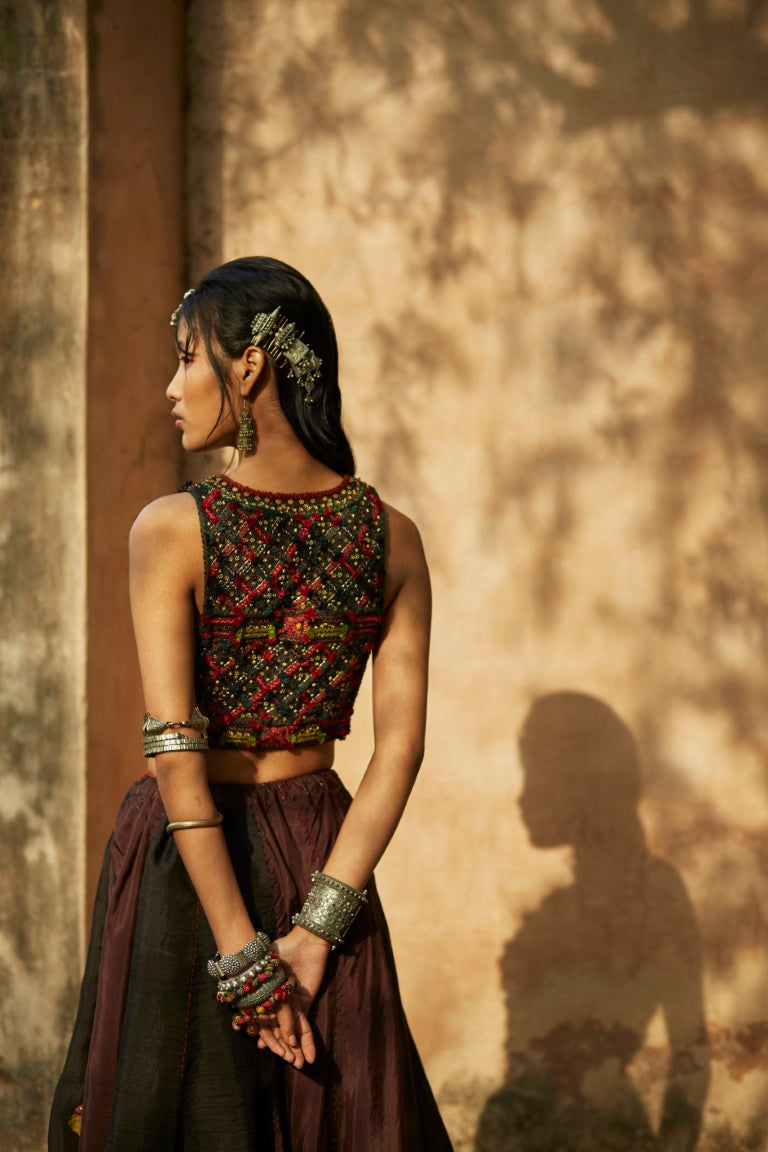 Brown & Black Panelled Lehenga Set