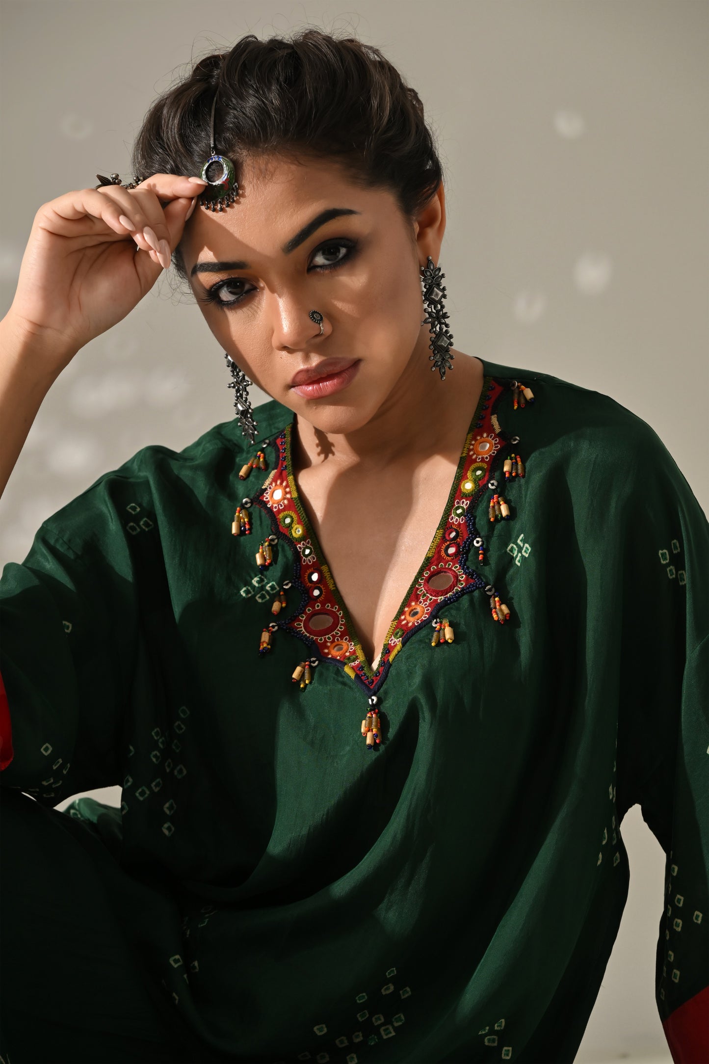Green Red Bandhani Kurta Set