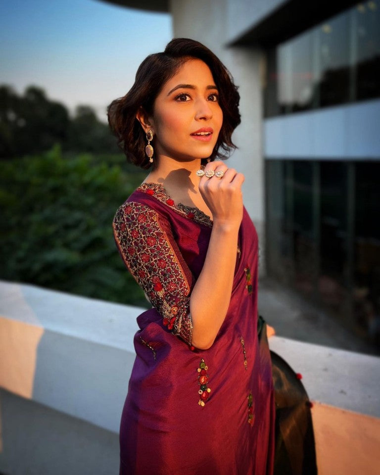 Purple & Green Ombre Saree & Embroidered Blouse