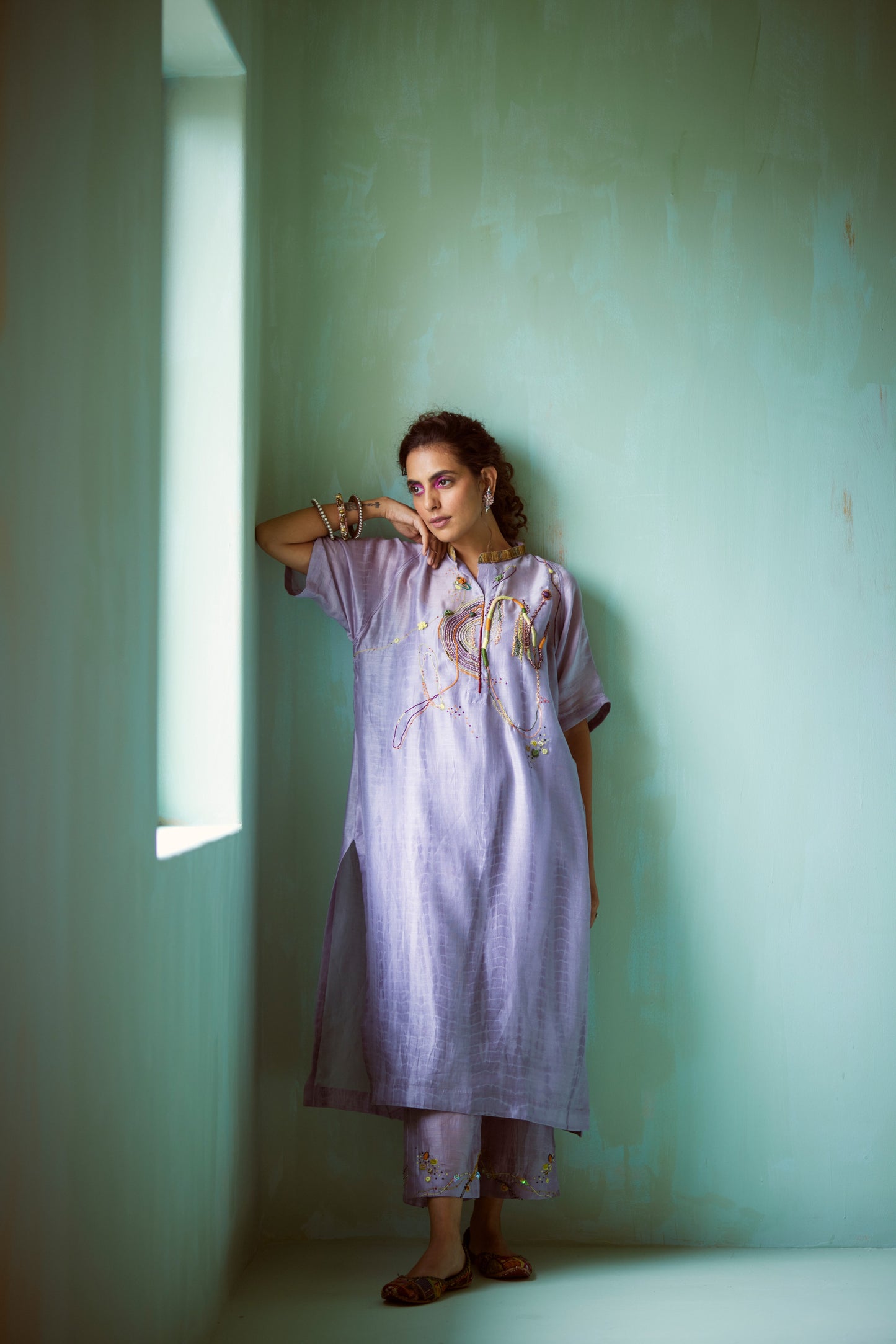 Light Blue Tie-Dye Hand Embroidered Tunic Set