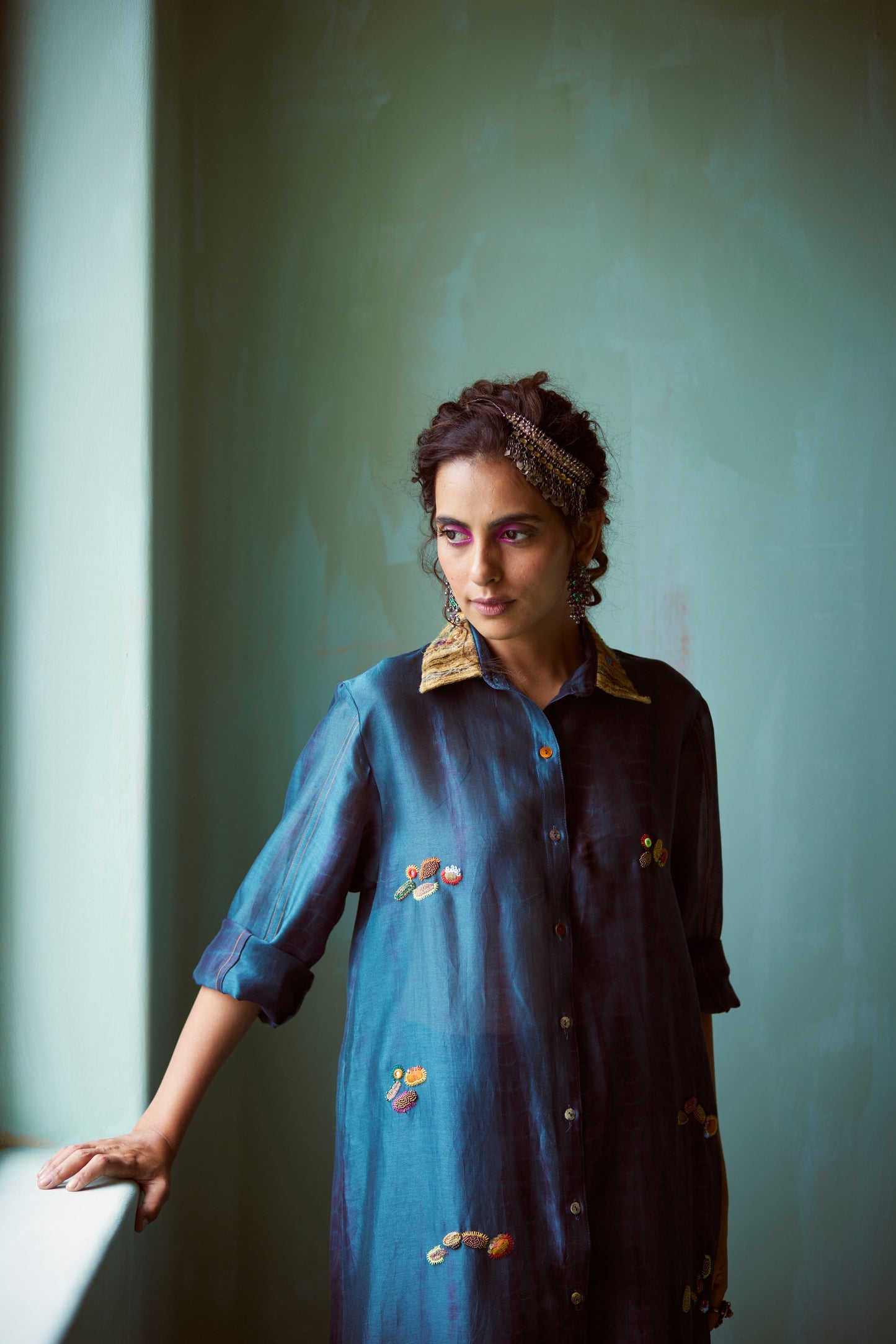Teal Tie-Dye Hand Embroidered Tunic Set