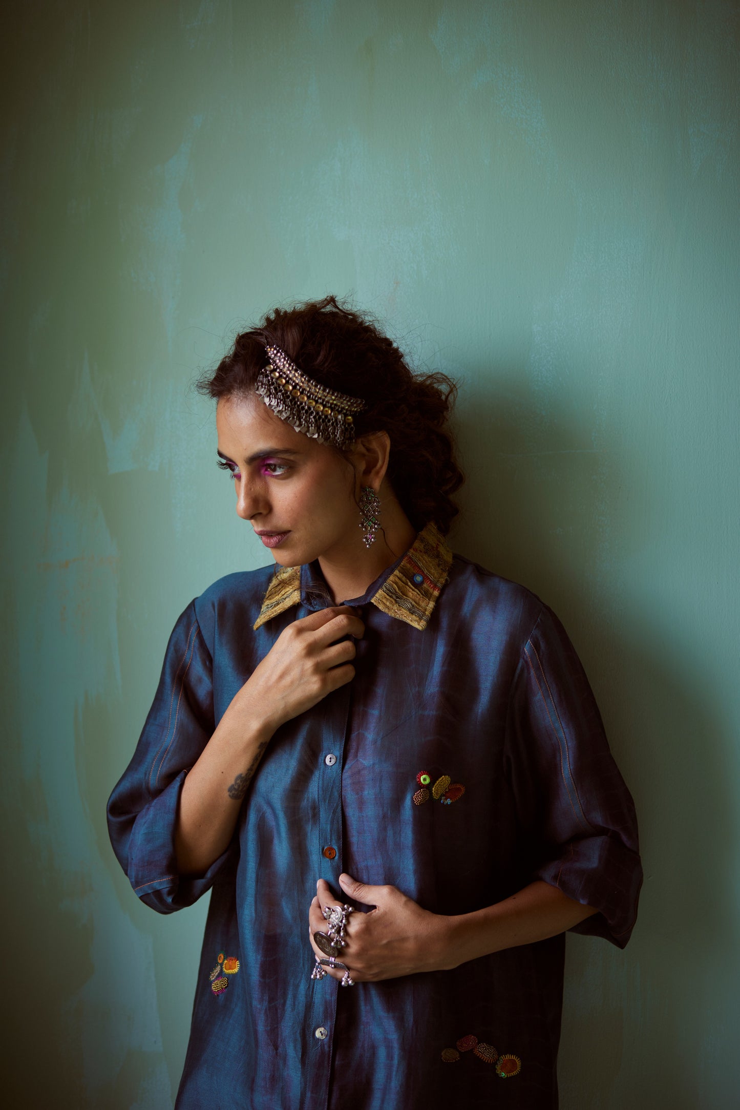 Teal Tie-Dye Hand Embroidered Tunic Set