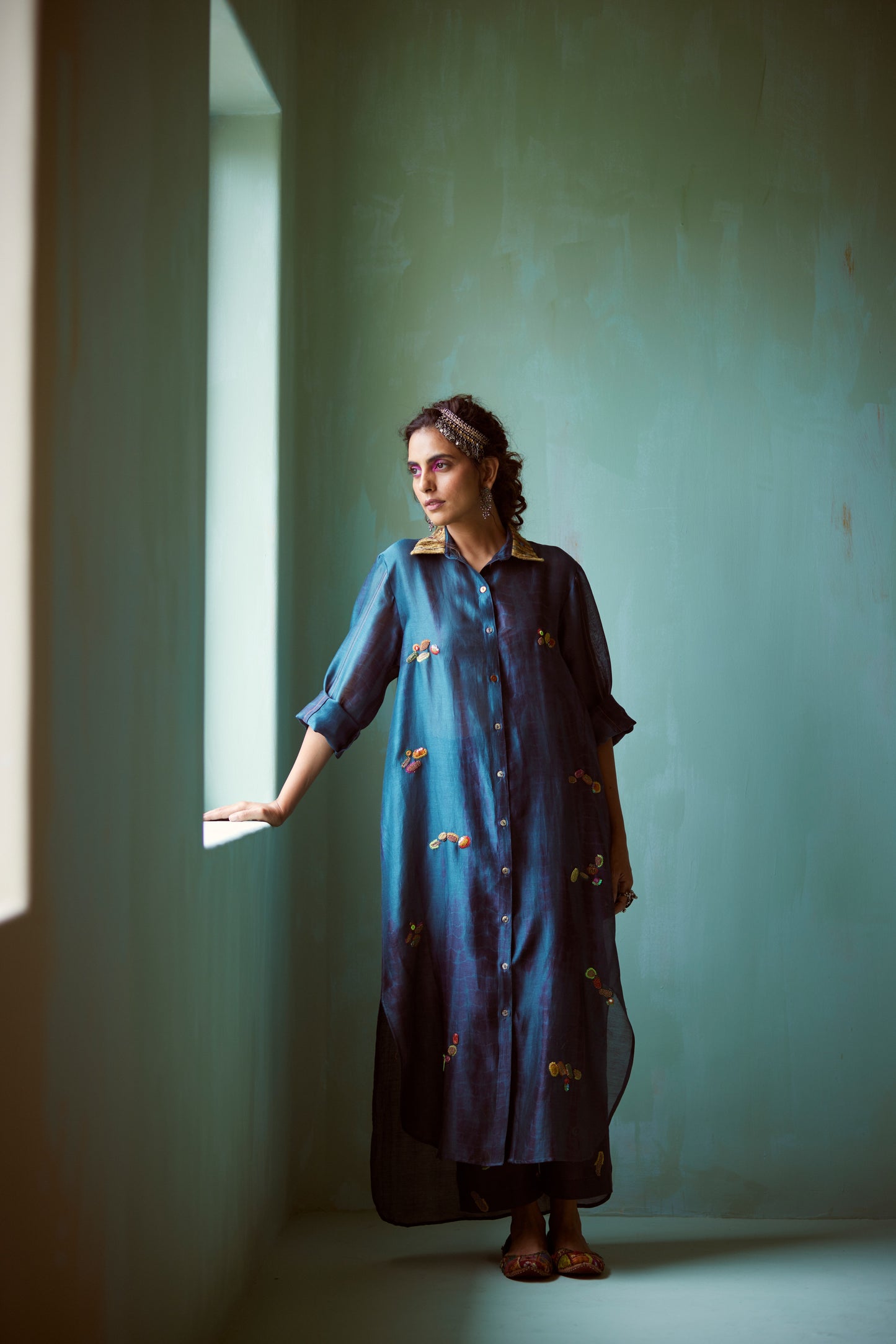 Teal Tie-Dye Hand Embroidered Tunic Set