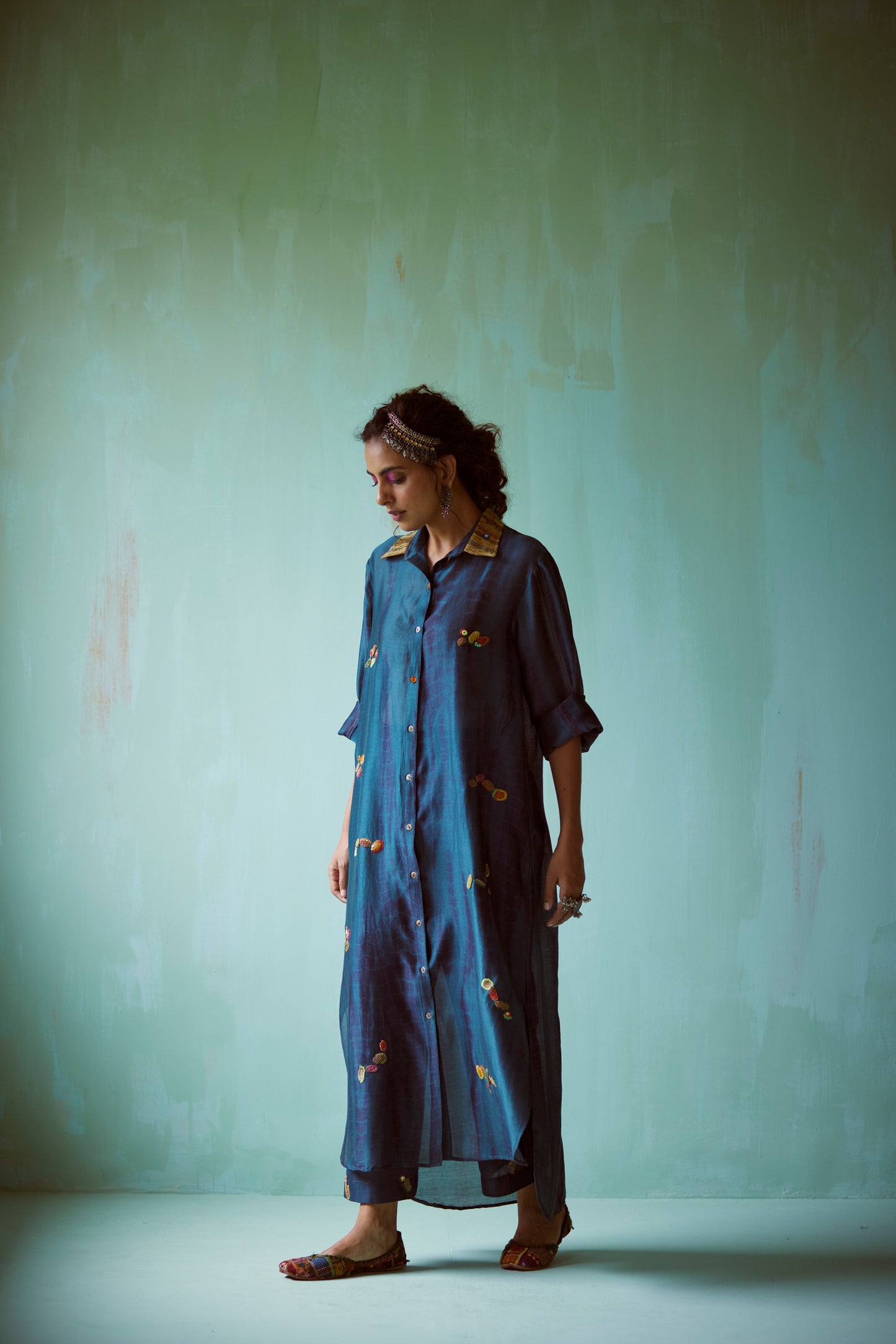 Teal Tie-Dye Hand Embroidered Tunic Set