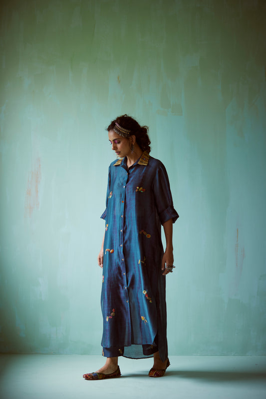Teal Tie-Dye Hand Embroidered Tunic Set