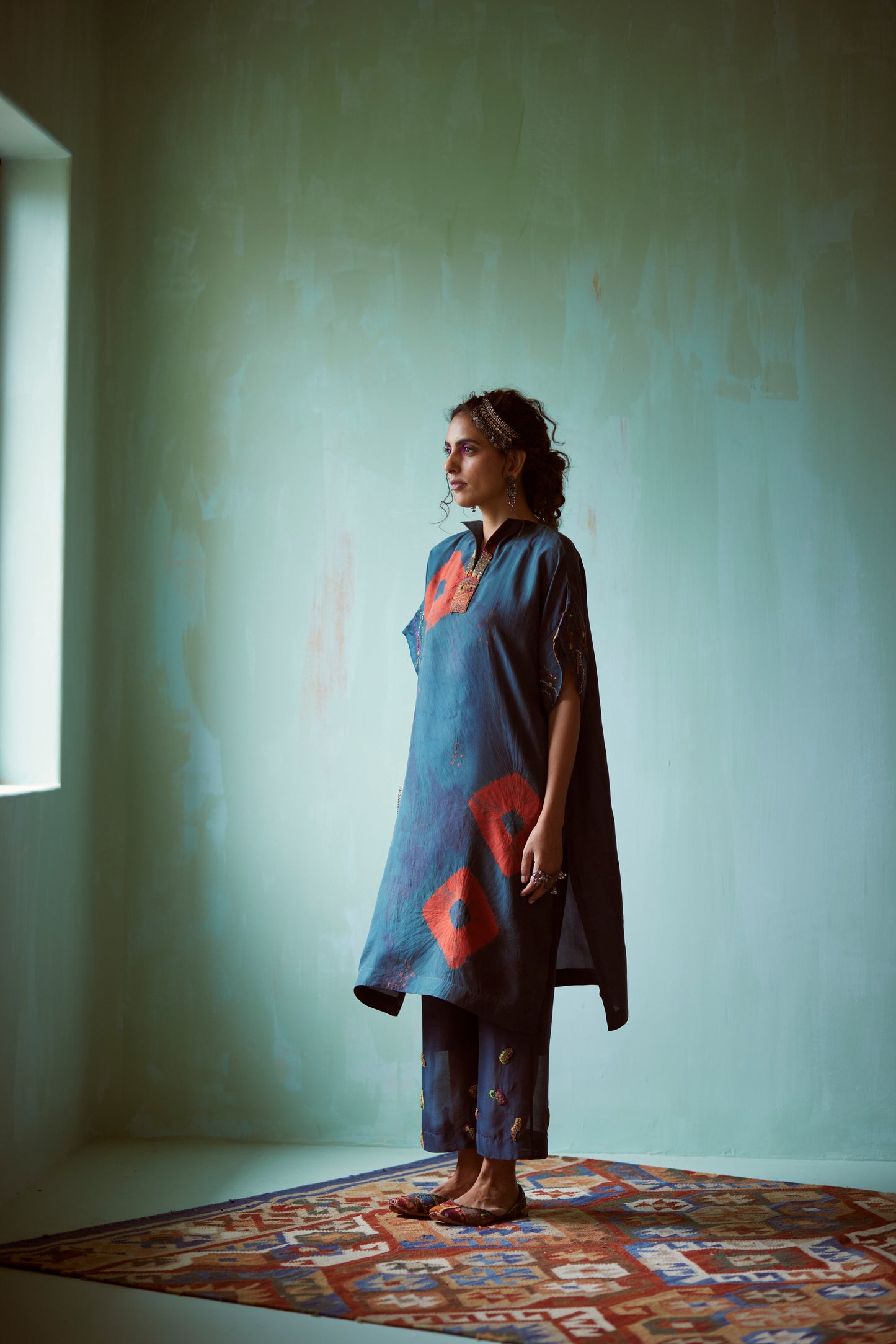 Teal Tie-Dye Hand Embellished Tunic Set