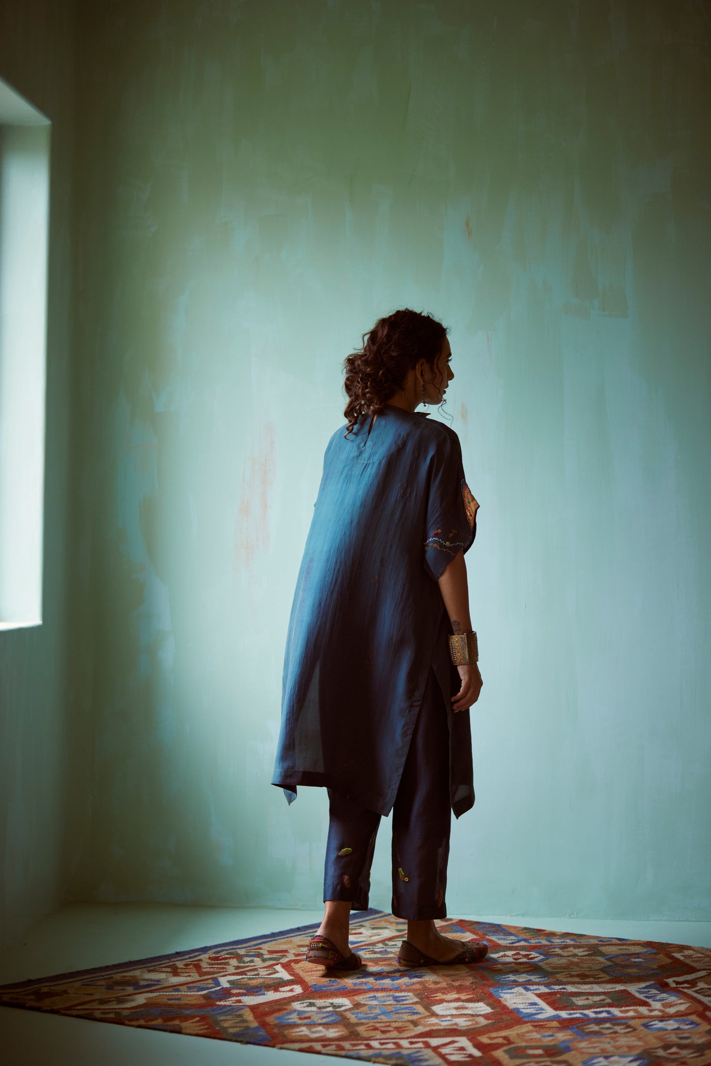 Teal Tie-Dye Hand Embellished Tunic Set