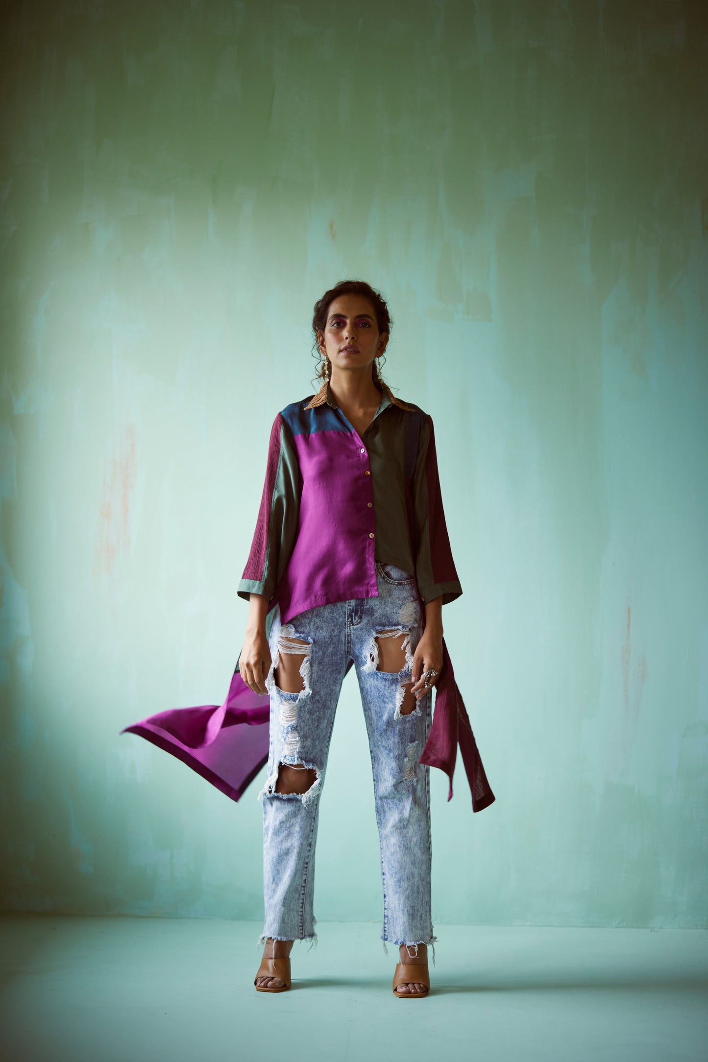 Teal Hand Embellished Asymmetric Shirt