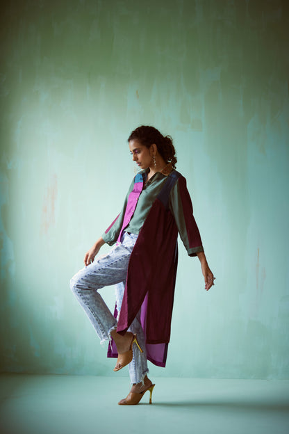 Teal Hand Embellished Asymmetric Shirt