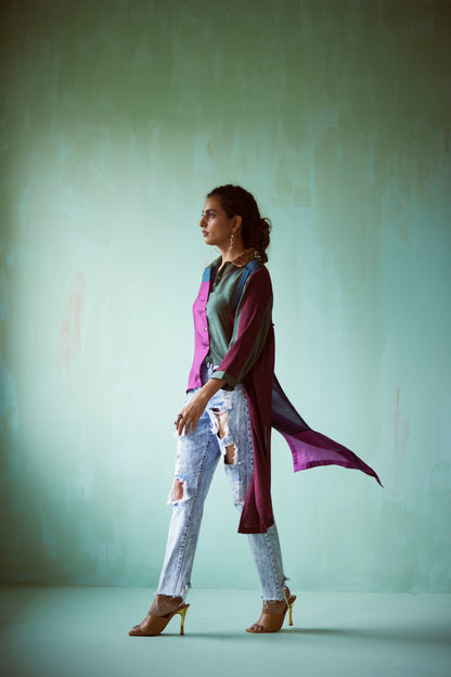 Teal Hand Embellished Asymmetric Shirt
