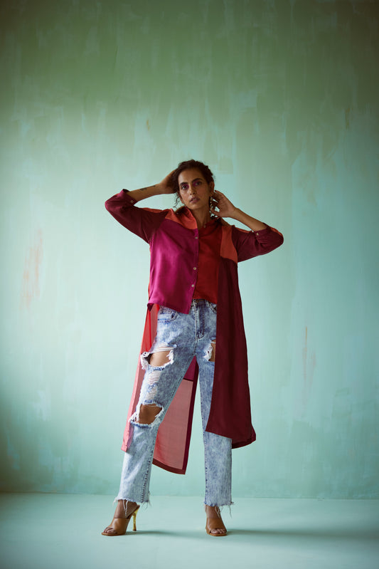 Pink Hand Embellished Asymmetric Shirt