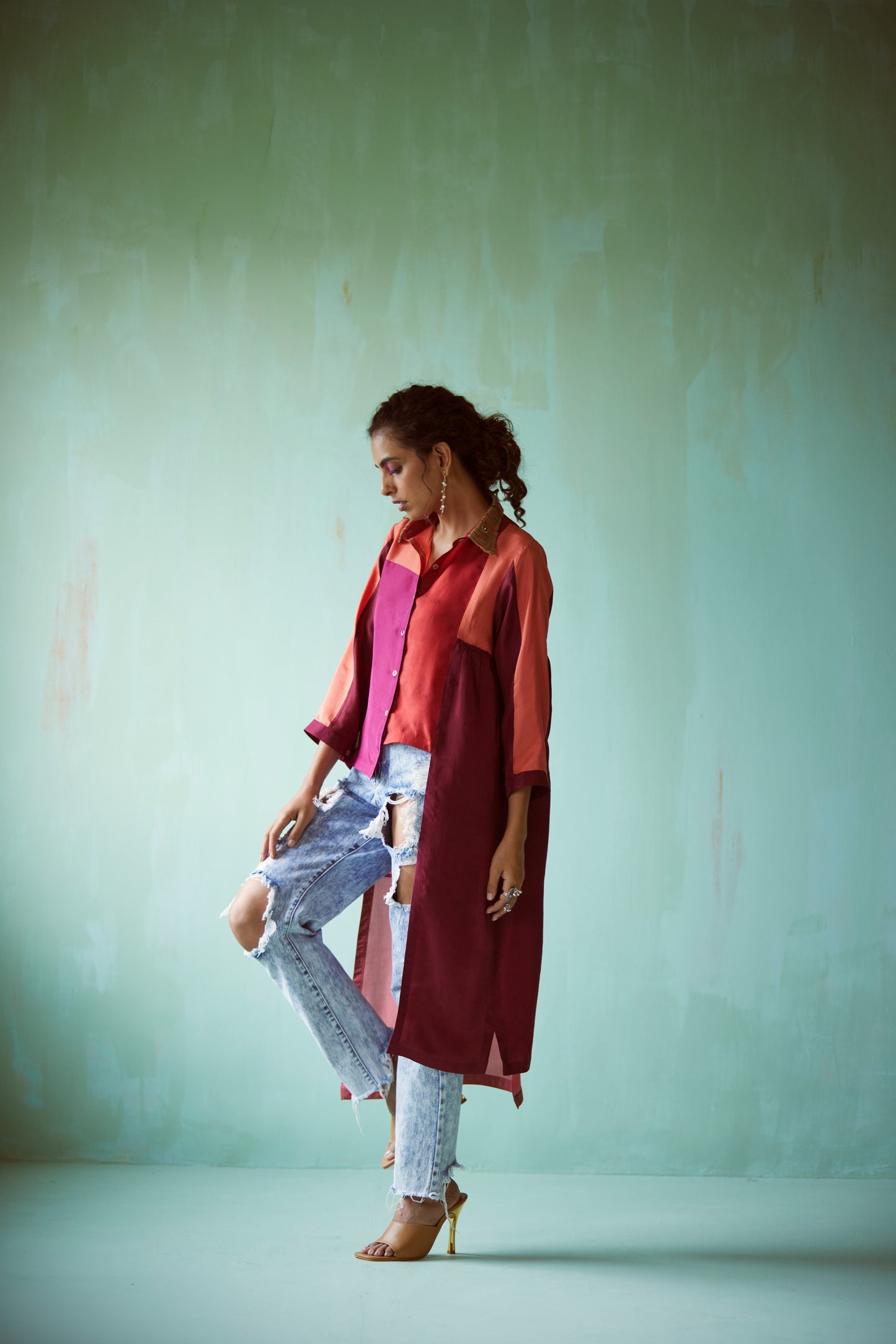 Pink Hand Embellished Asymmetric Shirt