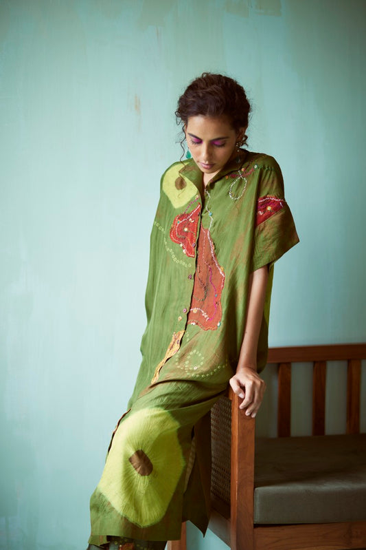 Green Tie-Dye Hand Embellished Tunic Set