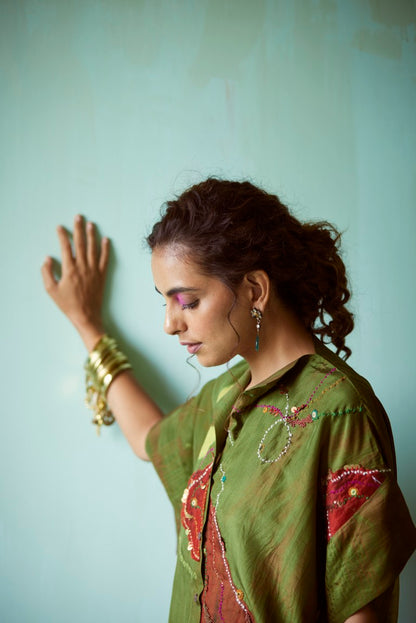 Green Tie-Dye Hand Embellished Tunic Set