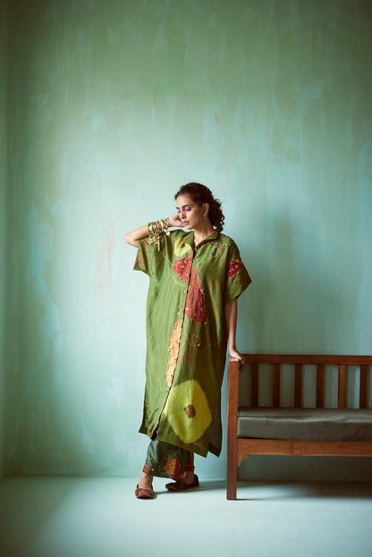 Green Tie-Dye Hand Embellished Tunic Set