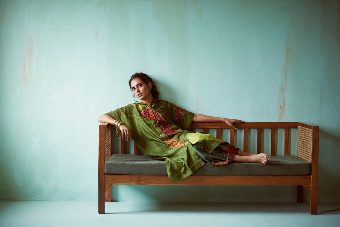 Green Tie-Dye Hand Embellished Tunic Set