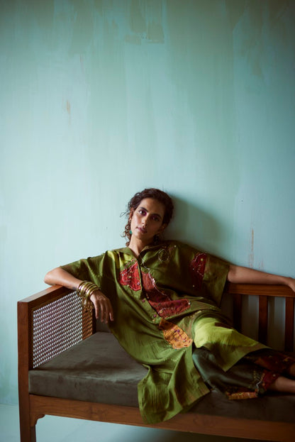 Green Tie-Dye Hand Embellished Tunic Set