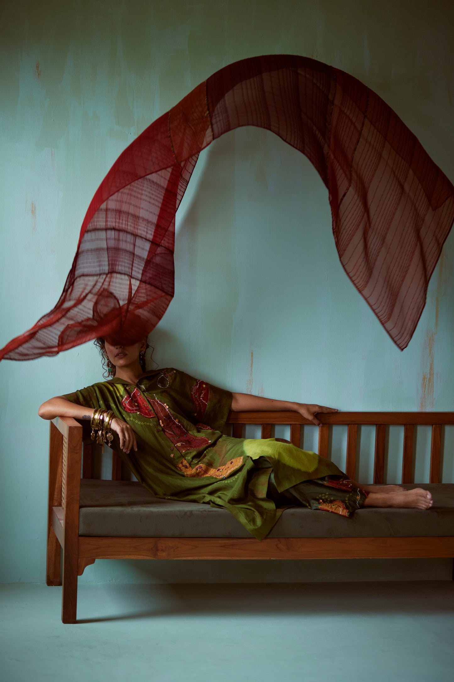 Red Panelled Hand Embellished Dupatta