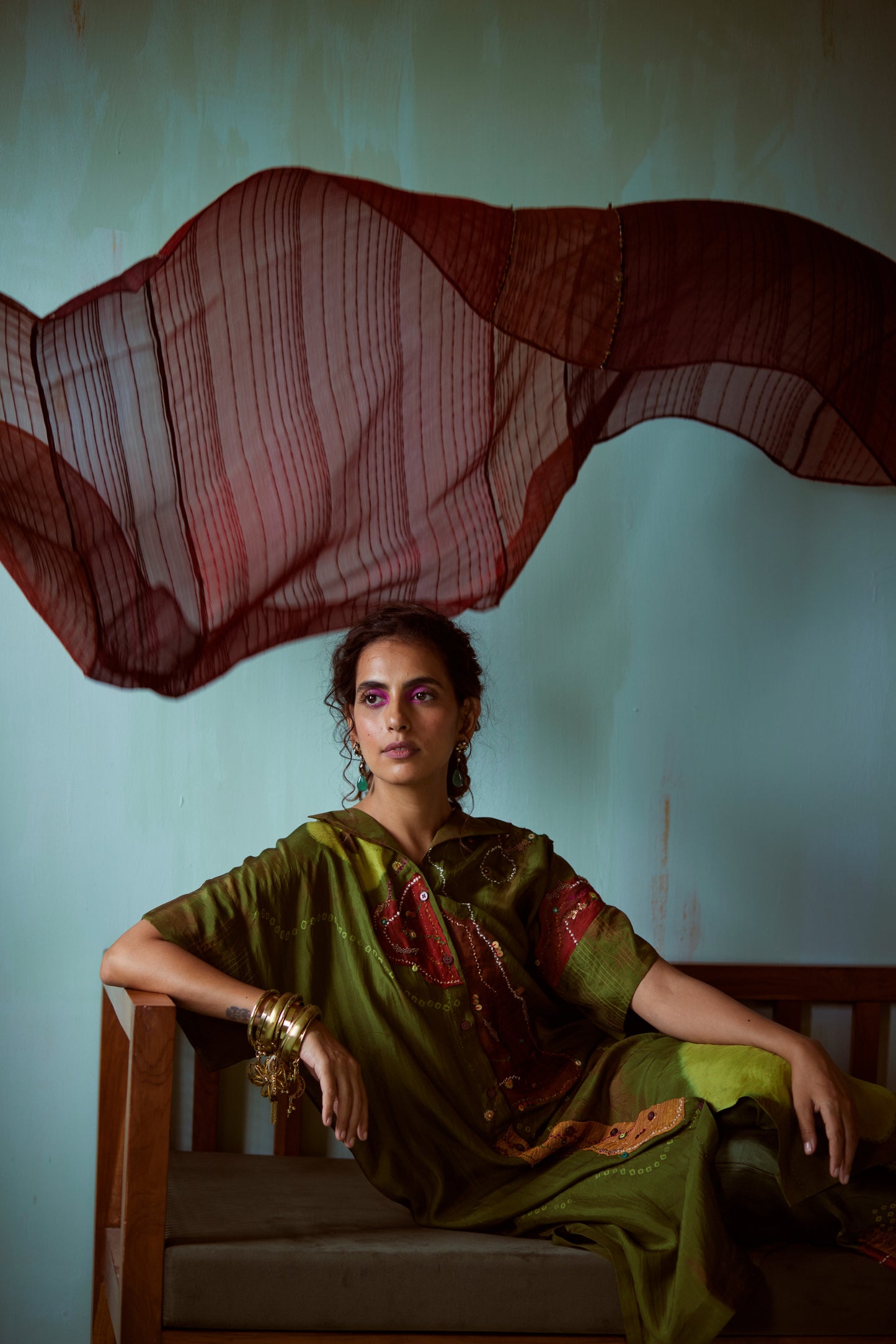 Red Panelled Hand Embellished Dupatta