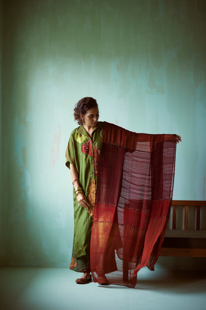Red Panelled Hand Embellished Dupatta