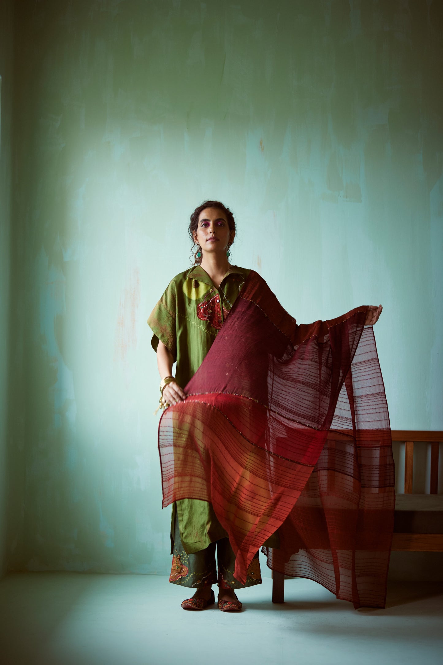 Red Panelled Hand Embellished Dupatta