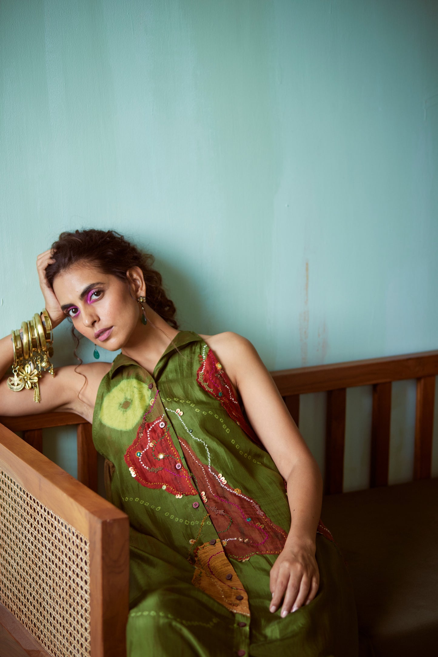 Green Hand Embroidered Bandhani Tunic Set