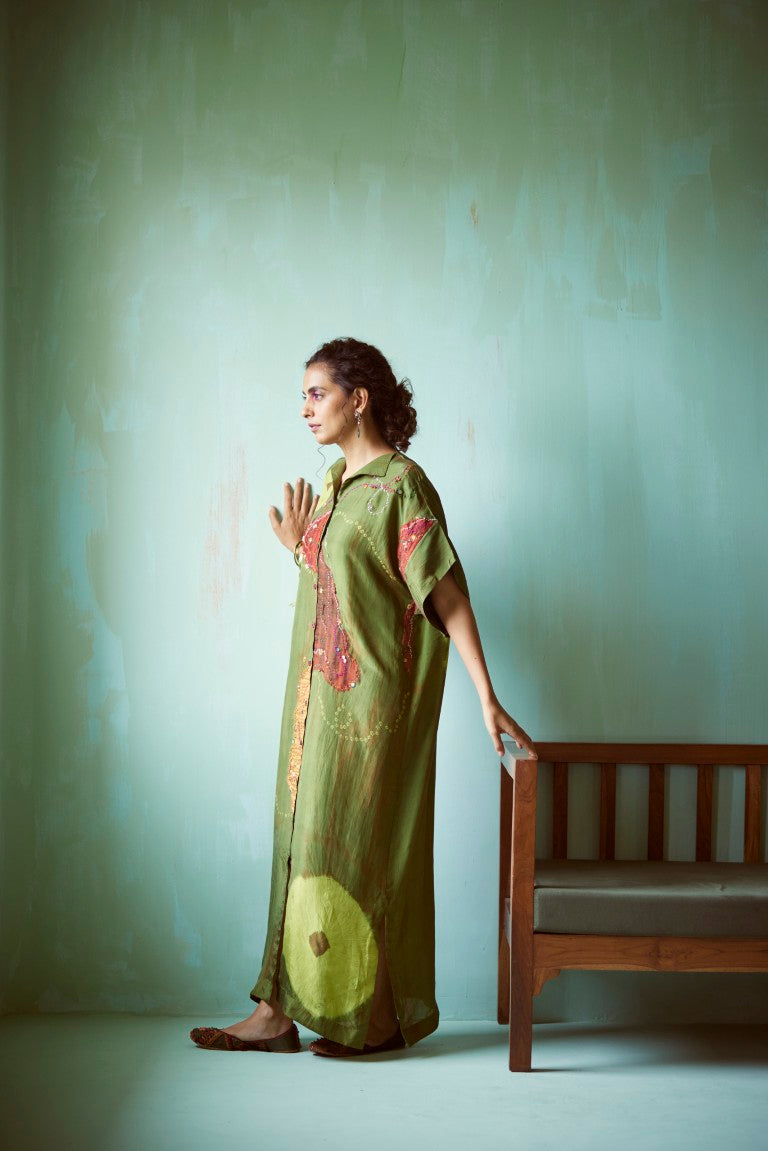 Green Tie-Dye Hand Embellished Tunic Set