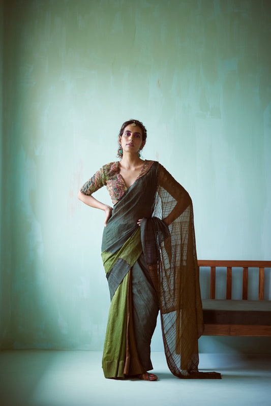 Green Hand Embellished Patchwork Saree Set