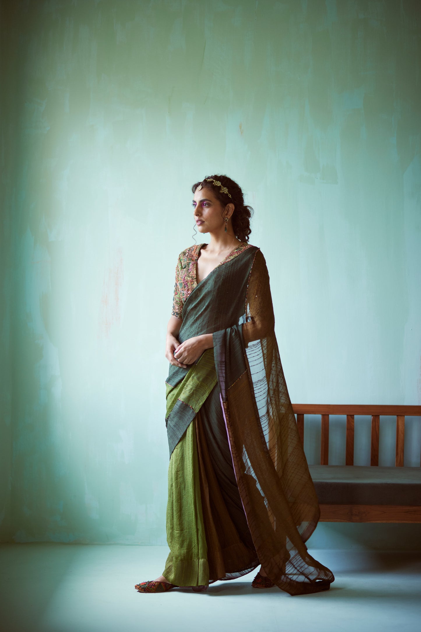 Green Hand Embellished Patchwork Saree Set