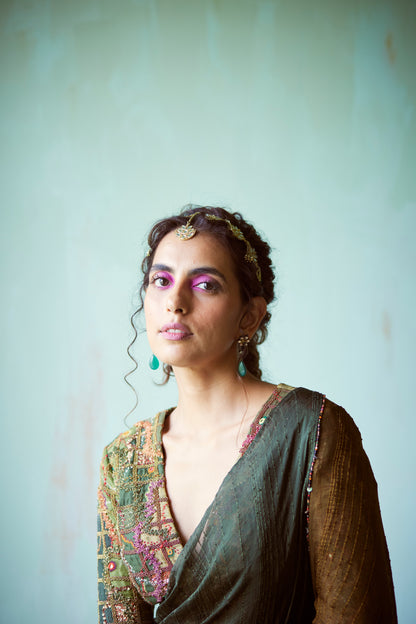 Green Hand Embellished Patchwork Saree Set