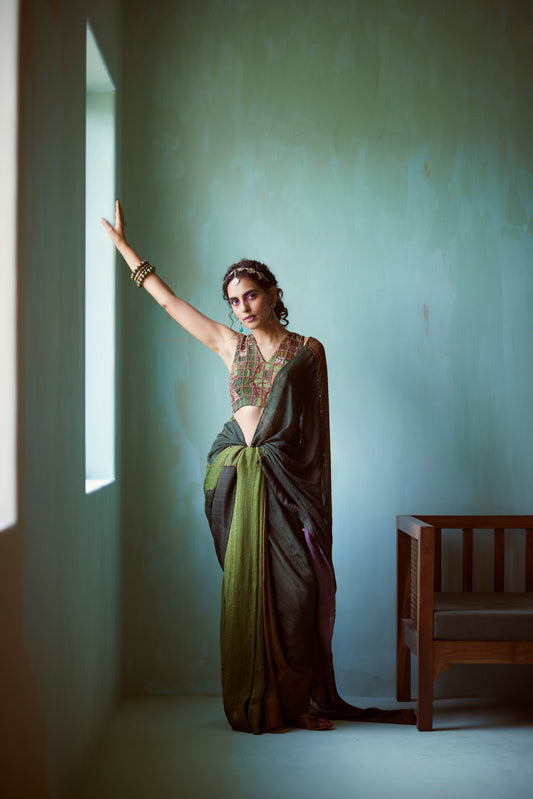 Green Hand Embroidered Patchwork Saree Set