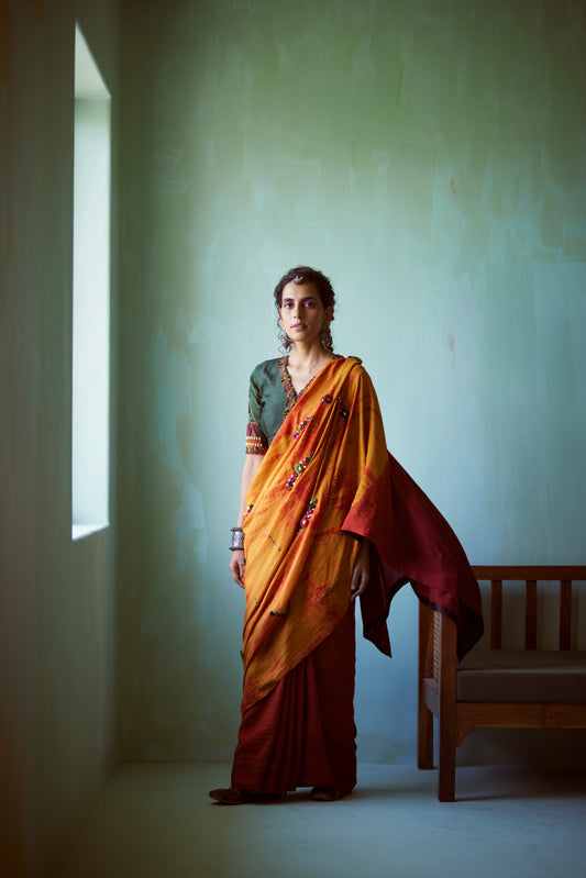 Yellow Tie-Dye Hand Embellished Saree Set