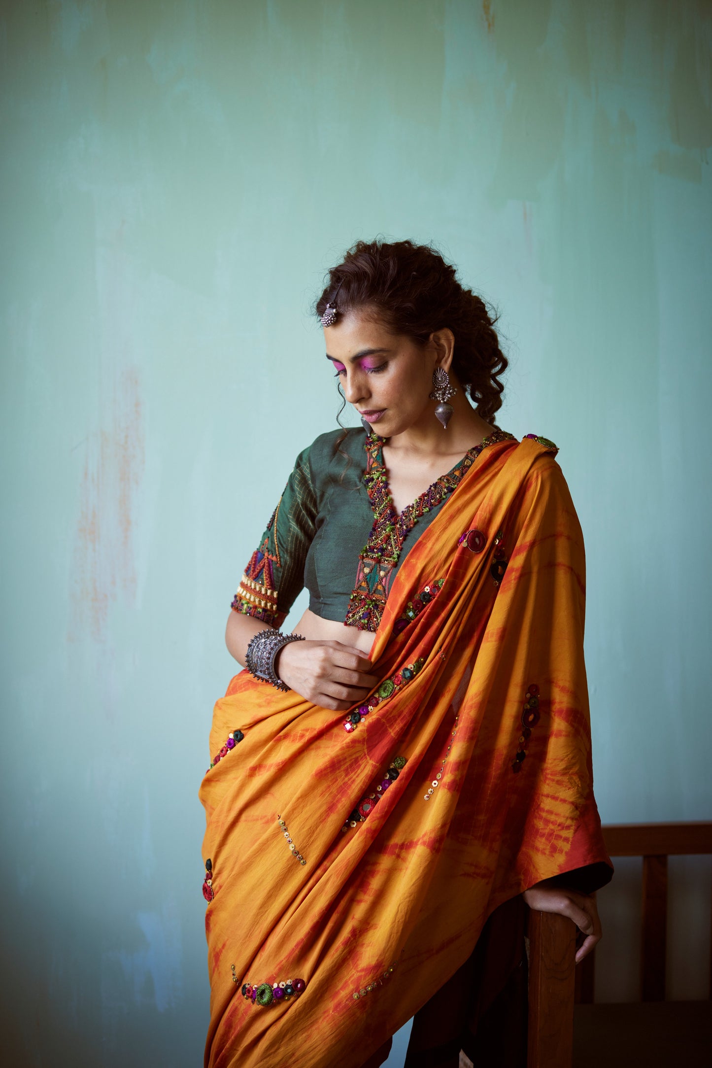 Yellow Tie-Dye Hand Embellished Saree Set