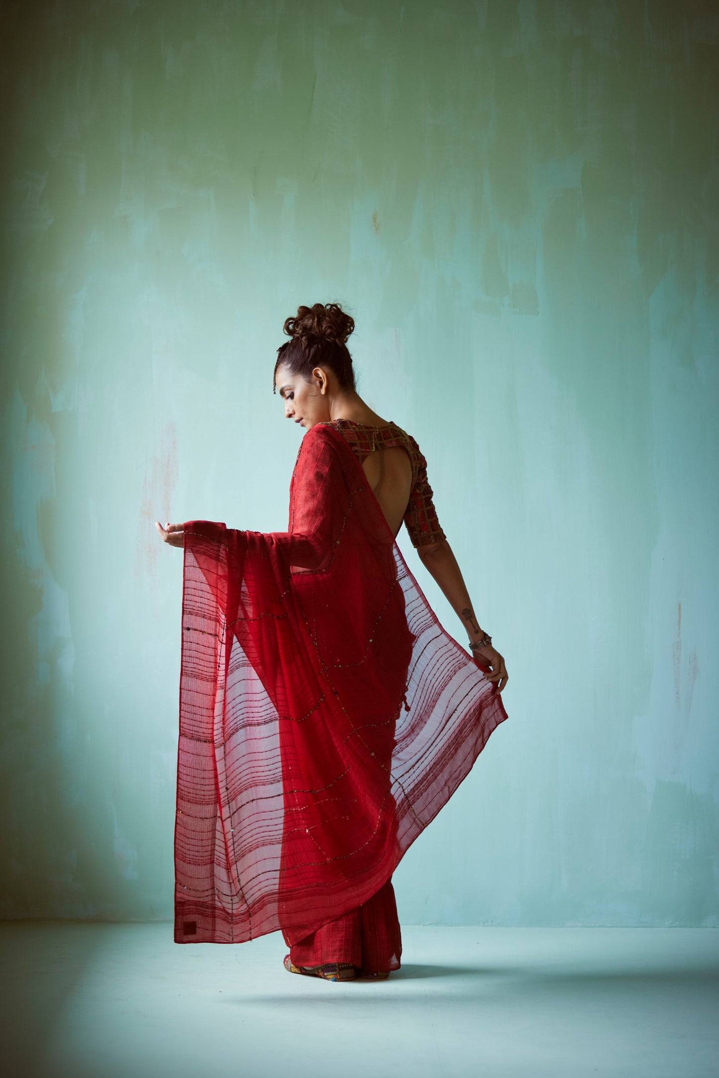 Red Hand Embellished Patchwork Saree Set