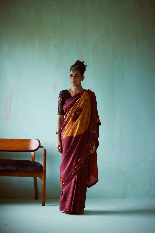 Maroon Tie-Dye Hand Embellished Saree Set