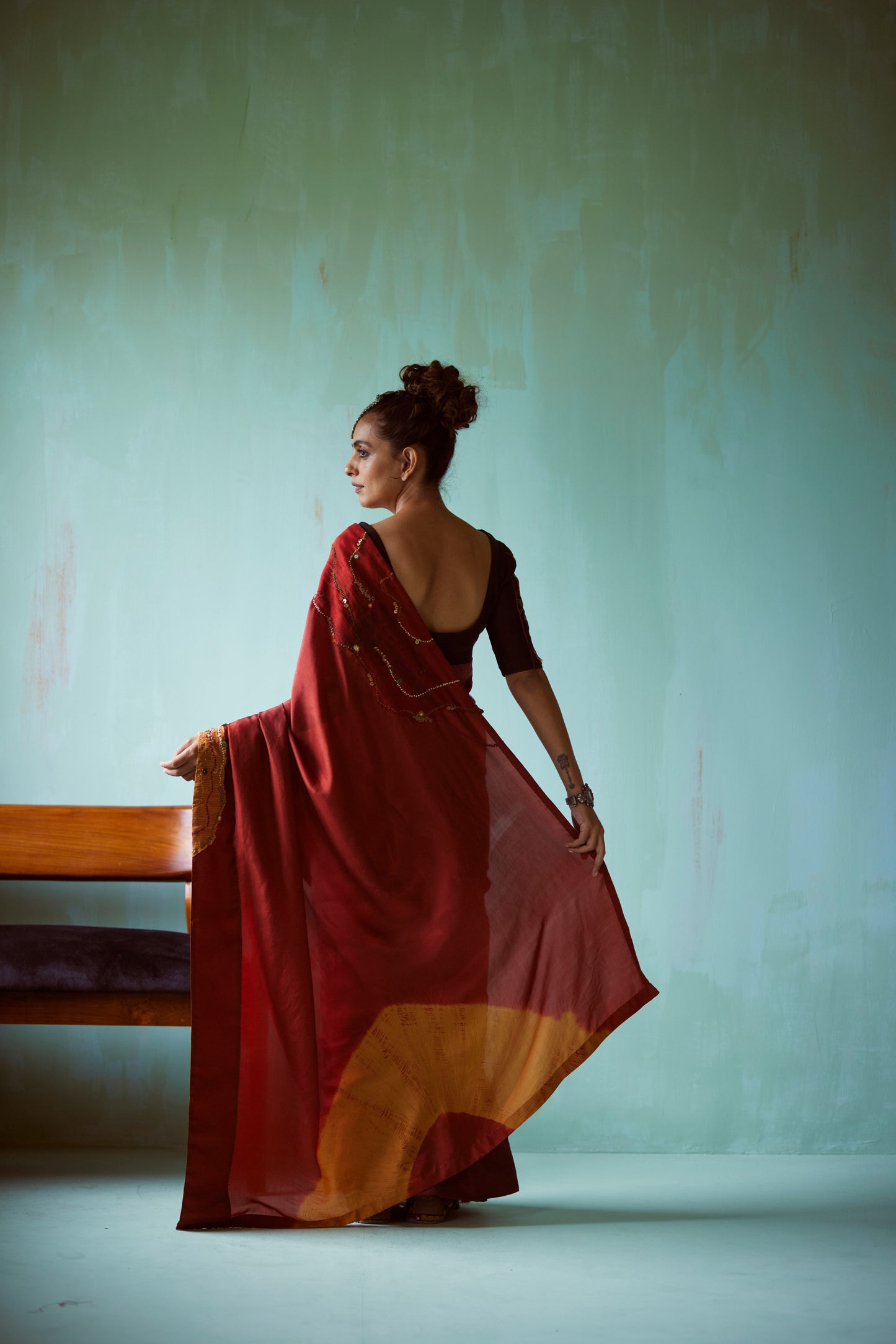 Maroon Tie-Dye Hand Embellished Saree Set