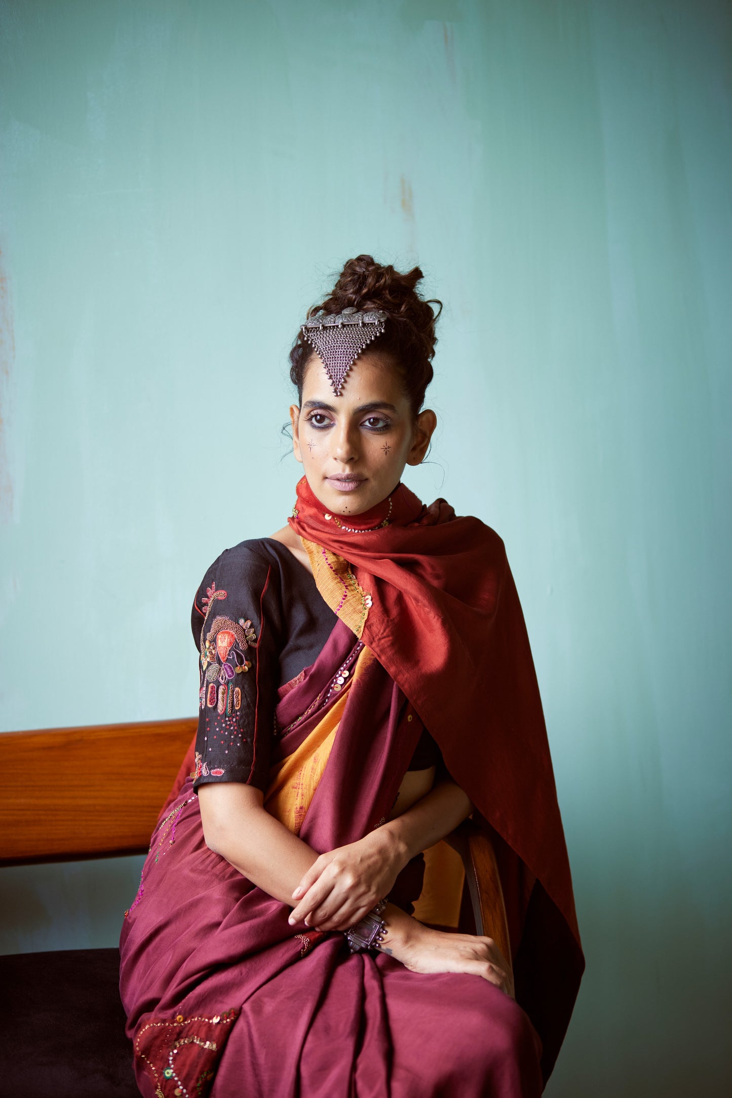 Maroon Tie-Dye Hand Embellished Saree Set