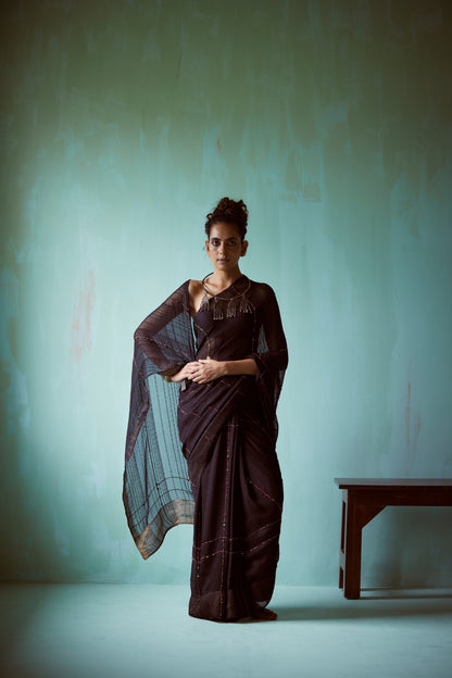 Black Hand Embellished Saree & Jacket Set