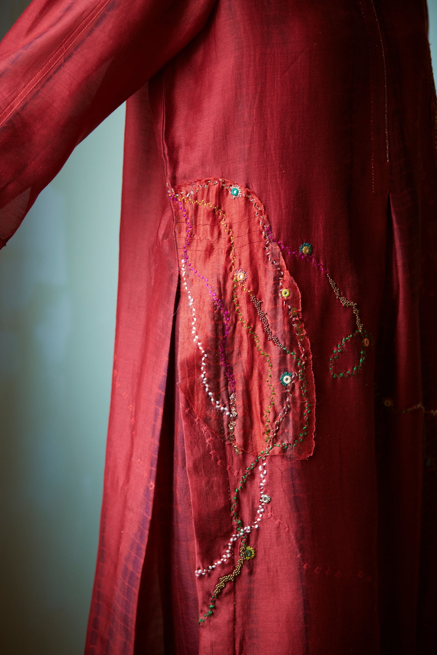 Dark Red Tie & Dye Hand Embellished Tunic