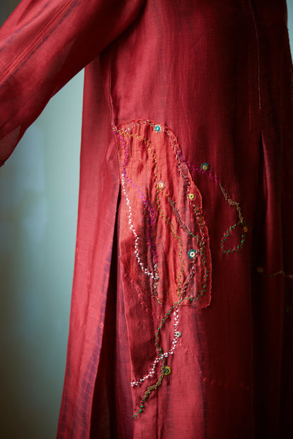 Dark Red Tie & Dye Hand Embellished Tunic