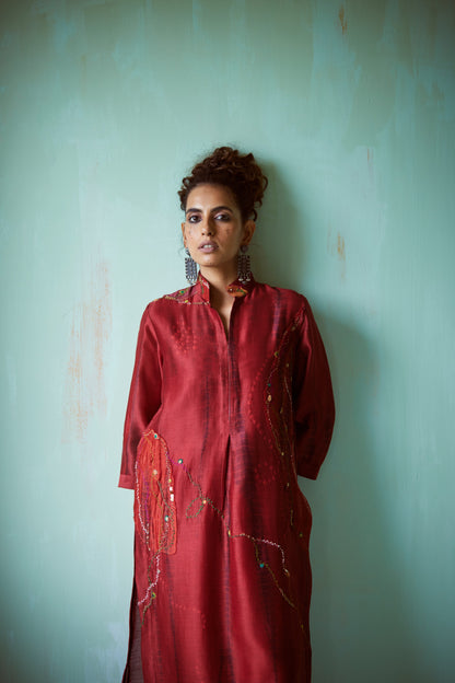 Dark Red Tie & Dye Hand Embellished Tunic