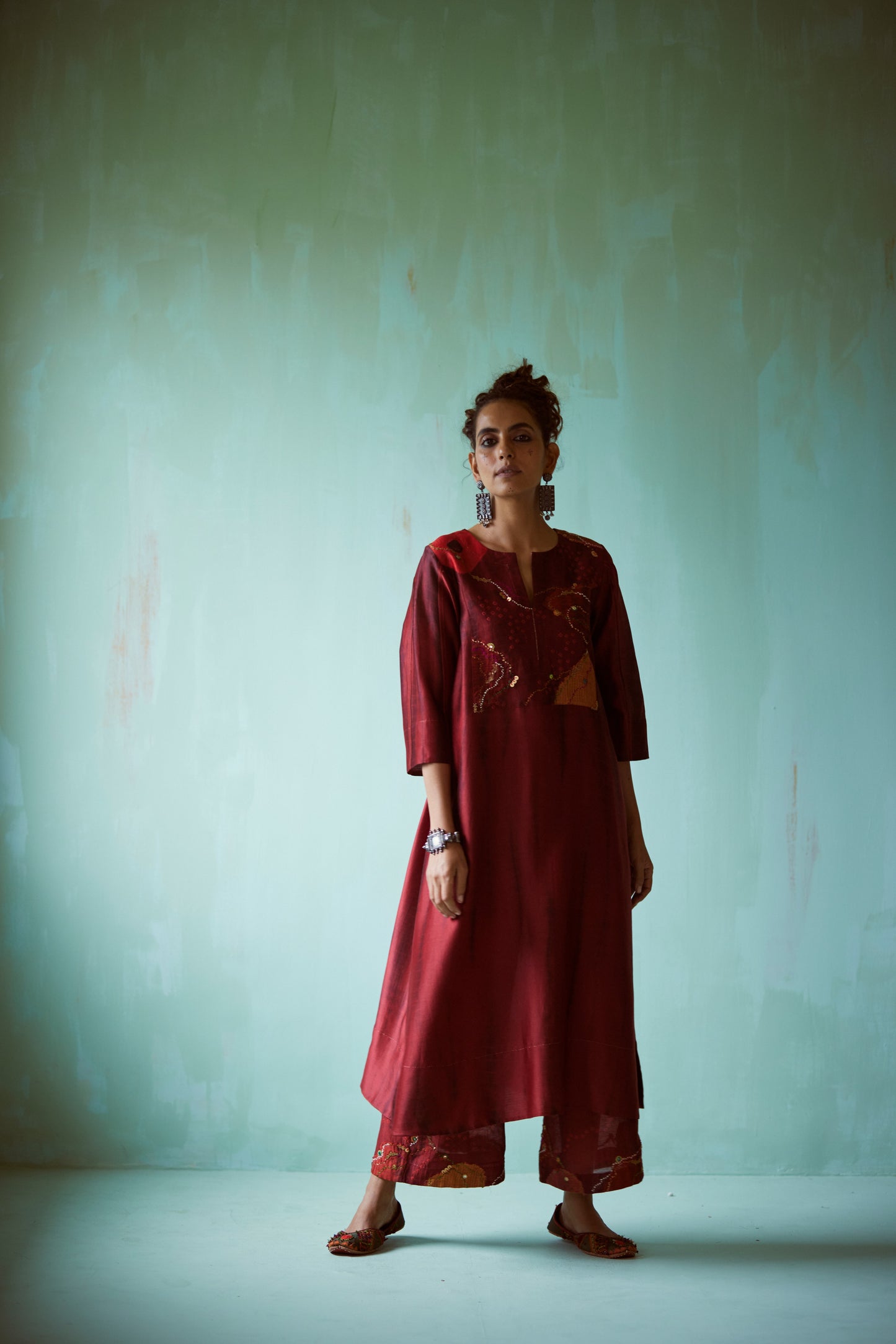 Dark Red Tie & Dye Hand Embellished Tunic Set